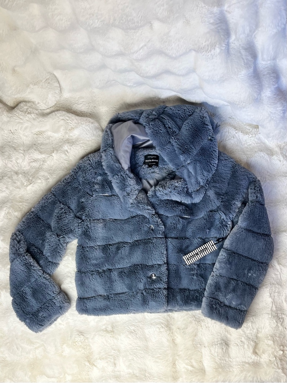 NWT Haute Monde Dusty Blue Faux Fur Hooded Jacket M Cropped Coat Crystal Buttons